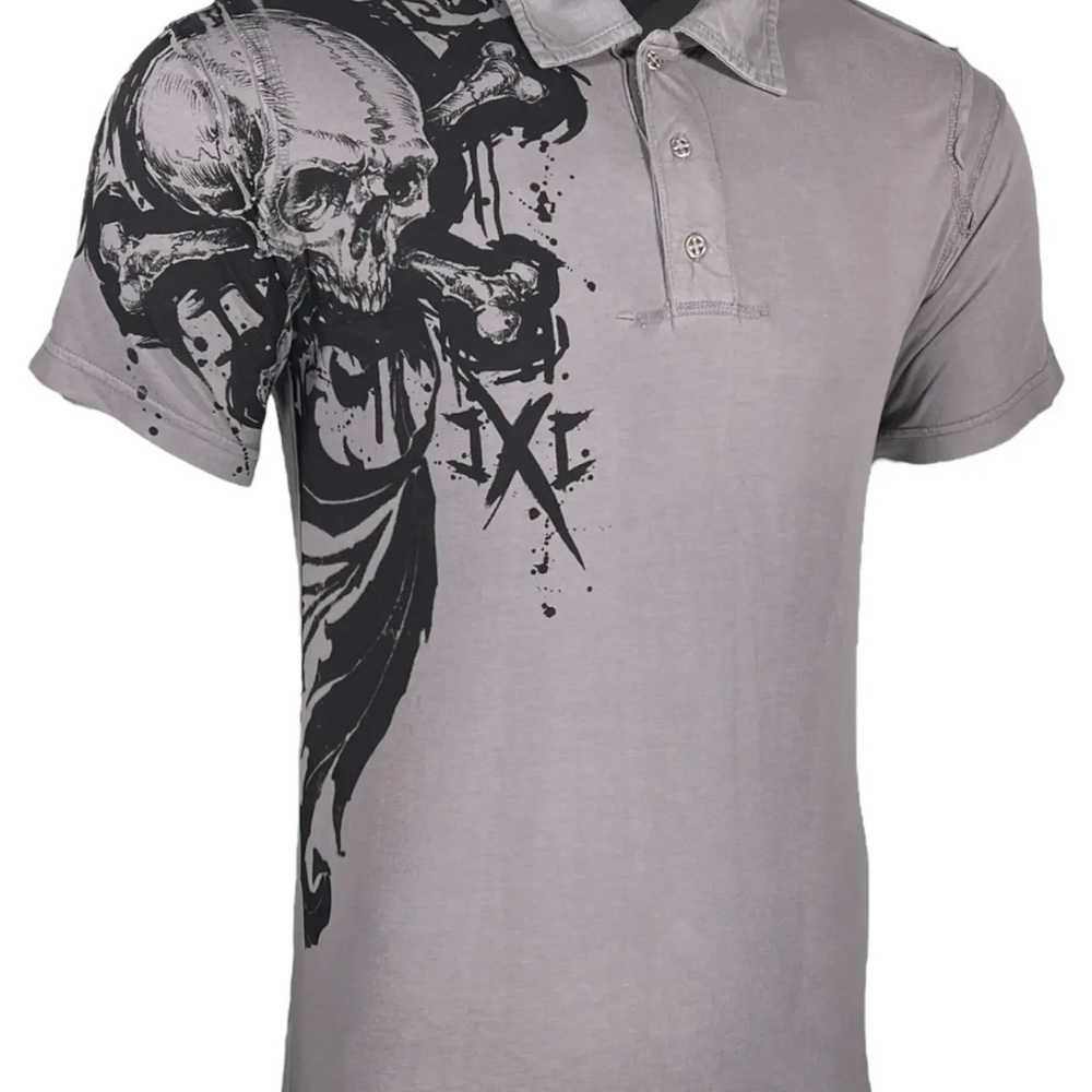 Xtreme Couture Men's Polo Shirt Splatt Skull Cross Silver S-3XL - Picture 6 of 8